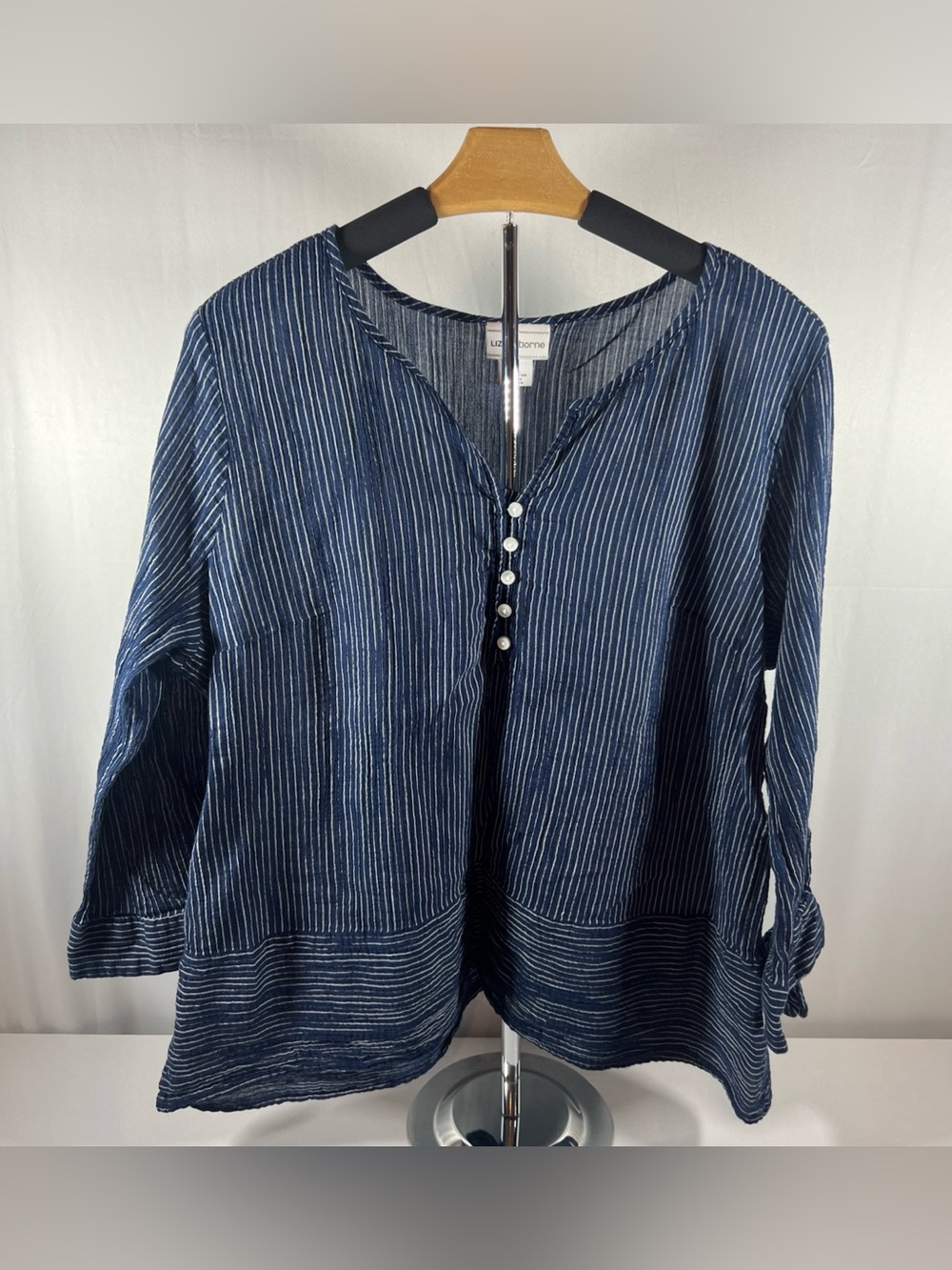 Liz Claiborne Navy and White Pinstripe Buttoned Peasant Top